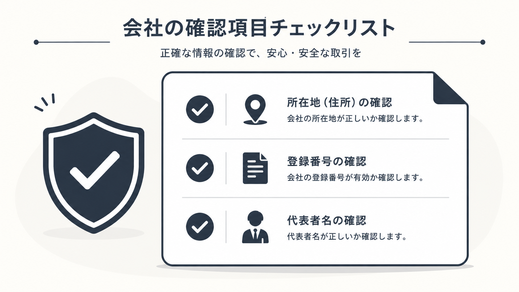 運営会社の所在地・法人番号・代表者情報が確認できることを示すチェックリスト図